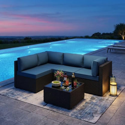 SUNLEI 5 Piece Patio Furniture Set, Outdoor Rattan Sectional Sofa with Coffee Table, Low-Back Modular Patio Conversation Set with Washable Cushions, Black Rattan, Aegean Blue