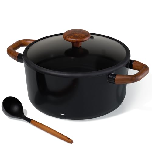 CAROTE 5QT Ceramic Stock Pot with Ladle, Nonstick Casserole with Lid, Even Heating Stockpot, Fits All Stoves, Non Stick Large Capacity Cooking Pots, PFAS Free, Black