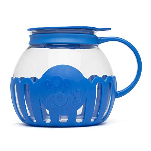 Ecolution Patented Micro-Pop Microwave Popcorn Popper with Temperature Safe Glass, 3-in-1 Lid Measures Kernels and Melts Butter, Made Without BPA, Dishwasher Safe, 3-Quart, Blue