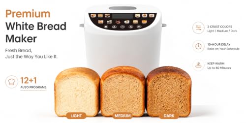 Smart Bread Maker, 2LB 12-IN-1 Automatic Bread Machine With Color Touchscreen, Gluten-Free Setting, Nonstick Pan, 2 Loaf Sizes, 13H Reserve & 1H Keep Warm (White)