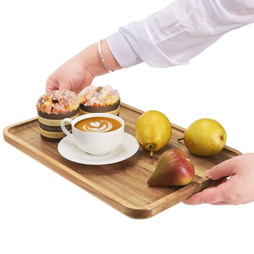 YOUEON Set of 2 Acacia Wood Serving Tray with Raised Edge, 14.2 x 9.5 Inch Rectangular Serving Tray, Appetizer Cheese Plate, Sandwich Dessert Trays, Wood Plates for Food, Coffee, Fruit, Cookie