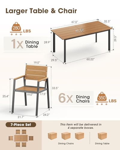 ComfCove Outdoor Dining Set, Aluminum Patio HDPS Outdooor Table and Chairs Set with Umbrella Hole, All Weather Patio Furniture Set, Patio Dining Table Set,Gray & Teak,7 Pieces