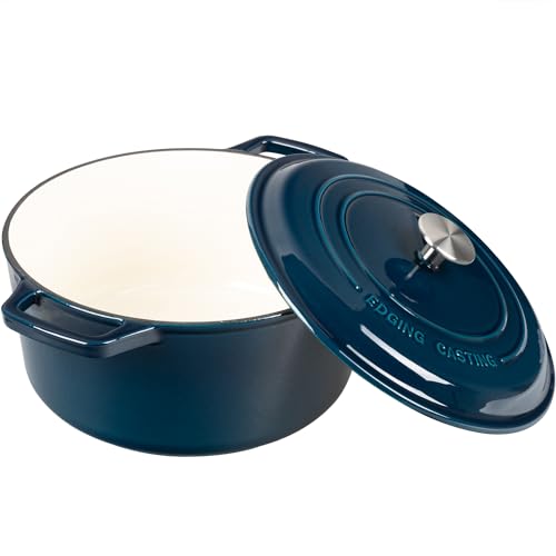 EDGING CASTING Enameled Cast Iron Dutch Oven Pot With Lid, Dutch Oven for Sourdough Bread Baking Round Pot Dule Handle, 6 Quart, Blue