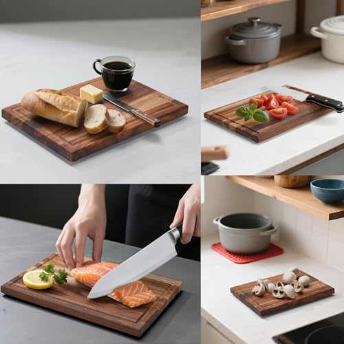 Cokka Praca Non Toxic Acacia Wood Cutting Board Set with Stand | 3 Pcs Knife-Friendly Non-Slip Wooden Cutting Boards for Kitchen | 0.7″Thick Butcher Block | Solid Chopping Boards with Juice Groove