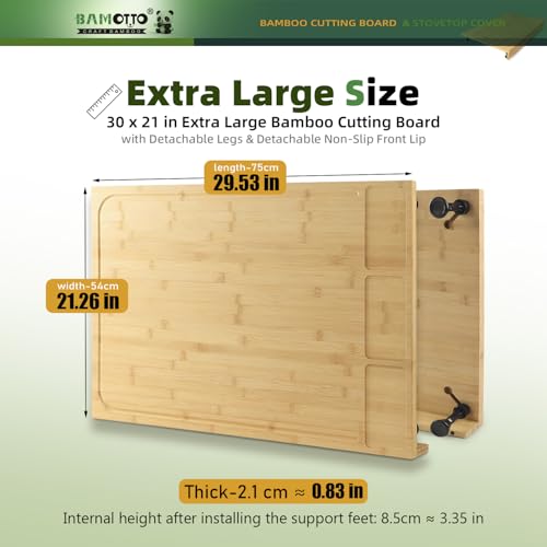 BAMOTTO CRAFTBAMBOO 30 x 21 in Extra Large Bamboo Cutting Board, Stovetop Cover, Sink Cover, Noodle Board with Detachable Legs & Detachable Non-Slip Front Lip for Kitchen Countertop