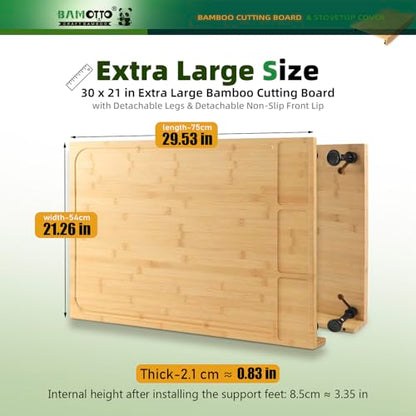BAMOTTO CRAFTBAMBOO 30 x 21 in Extra Large Bamboo Cutting Board, Stovetop Cover, Sink Cover, Noodle Board with Detachable Legs & Detachable Non-Slip Front Lip for Kitchen Countertop