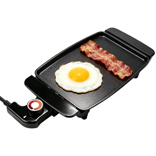 I-Keukenn Small Electric Griddle, 10 Inch Mini Ceramic Non-Stick Electric Skillet with Adjustable Thermostat, 1200W Single Serve Grill for Breakfast, Cooking for Pancakes, Eggs, Sausage