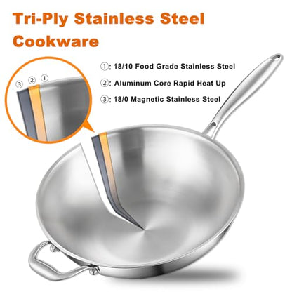 DELARLO Woks & Stir-Fry Pans, 13 in Stainless Steel Pan with Lid, With Side Ear, Large Cooking Surface, Tri-Ply Stainless Steel Wok Pan, 3 Layer Stainless Steel Saute Pan, Works on Induction, 600℉
