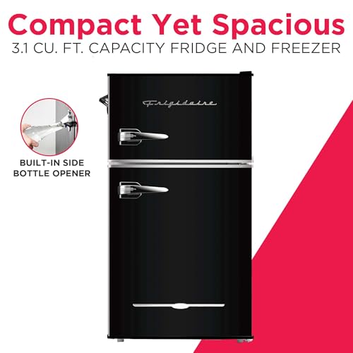 Frigidaire Retro Compact Fridge Freezer Combo, 3.1 cu. ft. Capacity, Small Top Freezer Refrigerator, Mini Fridge with Built-in Bottle Opener – 19”"D x 20.5" W x 33.5" H (Black)