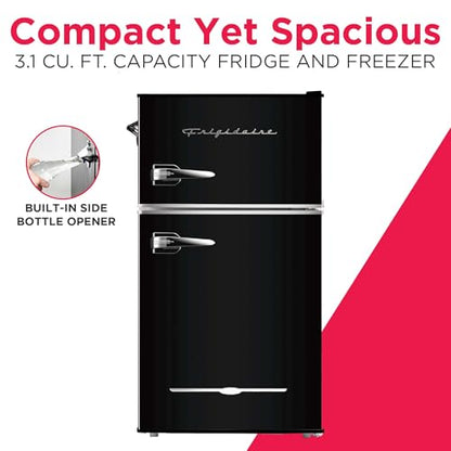 Frigidaire Retro Compact Fridge Freezer Combo, 3.1 cu. ft. Capacity, Small Top Freezer Refrigerator, Mini Fridge with Built-in Bottle Opener – 19”"D x 20.5" W x 33.5" H (Black)