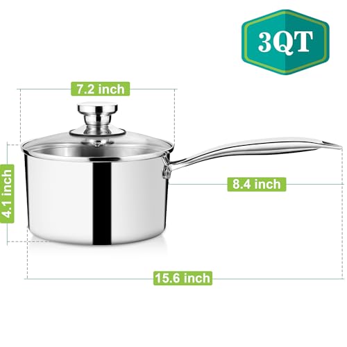 P&P CHEF 3 Quarts Tri-Ply Stockpot and Saucepan, Stainless Steel Sauce Pan with Lid, Cooking Induction Pot, Kitchen Cookware for All Stoves, Non-Toxic, Sturdy & Dishwasher Safe, 1 Piece
