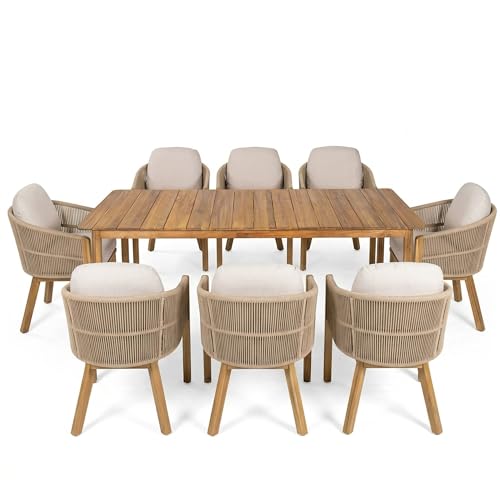 Christopher Knight Home Grotta 9 Piece Outdoor Dining Set, Acacia Wood Patio Dining Table Set with 8 Rope Weave Chairs Beige Cushions Rectangular Outdoor Furniture Set for Garden Patio Backyard