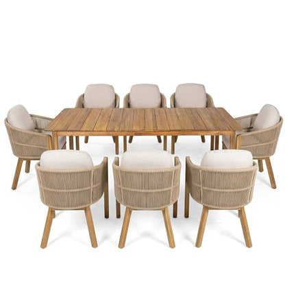 Christopher Knight Home Grotta 9 Piece Outdoor Dining Set, Acacia Wood Patio Dining Table Set with 8 Rope Weave Chairs Beige Cushions Rectangular Outdoor Furniture Set for Garden Patio Backyard