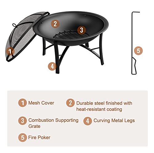 Fire Beauty Fire Pit for Outside Wood Burning Firepit BBQ Grill Steel Fire Bowl with Spark Screen Cover, Log Grate, Poker for Camping Beach Bonfire Picnic Backyard Garden