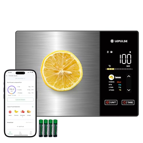 Food Scale with Nutritional Calculator, Smart Digital Kitchen Scale for Weight Loss, App with 23 Nutrients Tracking, Calorie, Fat, Carbs, Premium Stainless Steel, 11lb