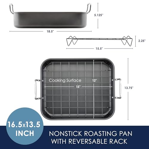 Rachael Ray Bakeware Nonstick Roaster/Roasting Pan with Reversible Rack, 16.5 Inch x 13.5 Inch, Gray