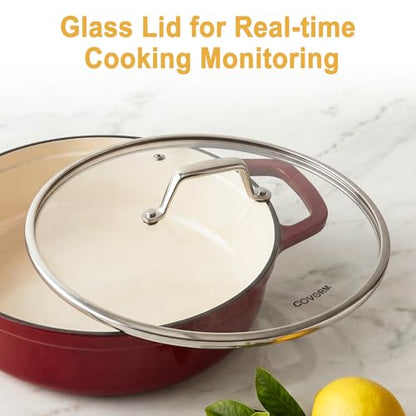 Lightweight Enameled Cast Iron Braiser - 4.5QT Braiser Pan with Glass Lid, Shallow Dutch Oven for Braising, Simmering