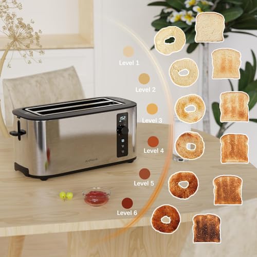 Anfilank Toaster 4 Slice with Countdown Timer, Extra Wide Slots for Bagels and Waffles, 6 Browning Settings, Removable Crumb Tray, Stainless Steel