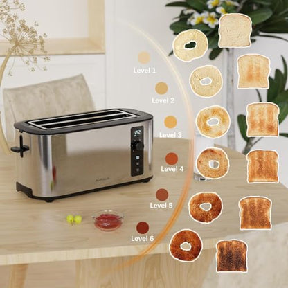Anfilank Toaster 4 Slice with Countdown Timer, Extra Wide Slots for Bagels and Waffles, 6 Browning Settings, Removable Crumb Tray, Stainless Steel