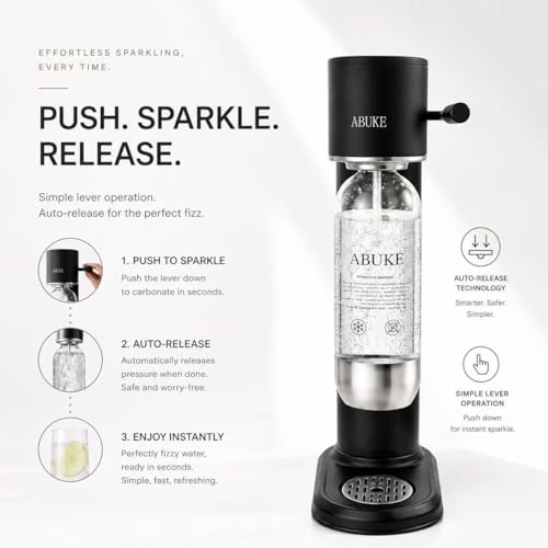 ABUKE Aluminum Sparkling Water Maker with Lever Handle, Metal Body & Nozzle, Compatible with Threaded CO2 Cylinders, Automatic Pressure Release, BPA-Free PET Bottle, 2-Year Warranty
