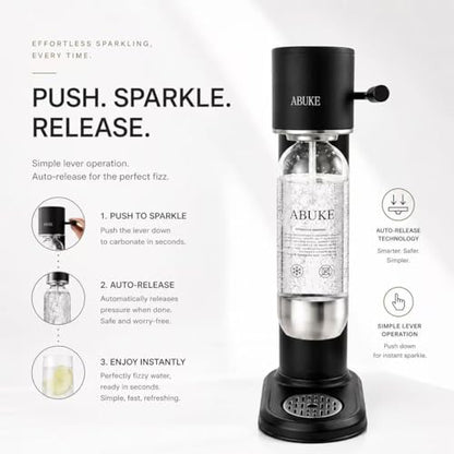 ABUKE Aluminum Sparkling Water Maker with Lever Handle, Metal Body & Nozzle, Compatible with Threaded CO2 Cylinders, Automatic Pressure Release, BPA-Free PET Bottle, 2-Year Warranty