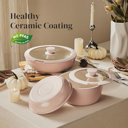 Redchef 16pcs Ceramic Pots and Pans Set Non Stick, Nonstick Kitchen Cookware Set with Detachable Handle, Non Toxic, PFAS PFOA & PTFE Free, RV Cookware Set for Camping, Dishwasher/Oven Safe (Pink)