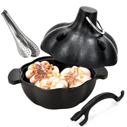 IPROUDER Cast Iron Garlic Roaster with Handle, Smoker Roaster, Garlic Cooker, Garlic Baker, Garlic Roasting Pot, Potato Baker, Mini Cocotte, Used in the Kitchen Oven or Outdoors on a BBQ Grill Stove