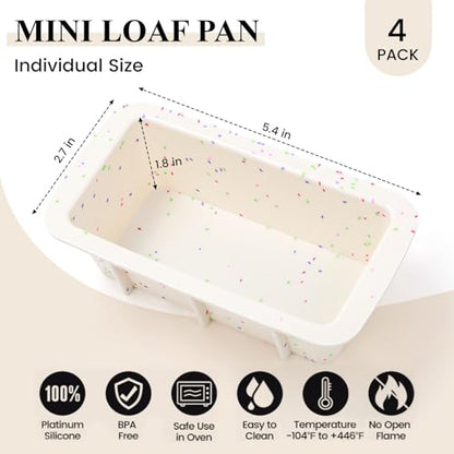 CAKETIME Silicone Mini Loaf Pans Set of 4, 2.7x5.4 Inch Non-Stick Mini Bread Loaf Pans for Baking Homemade Toast, Brownie, Loaf, Cake, Meatloaf