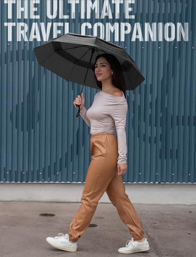 Windproof Travel Umbrella - Compact & Withstands Winds up to 85MPH, Strongest Premium Auto Folding Umbrella for Rain and Sun - Durable, Light & Portable for Women & Men, Fits Backpack & Cars