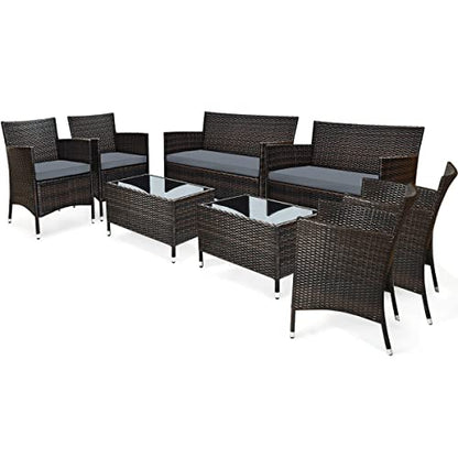 COSTWAY 8PCS Rattan Patio Furniture Set, Outdoor Wicker Rattan Chairs with Coffee Table, Rattan Cushioned Conversation Set for Backyard Balcony Porch Poolside, Grey