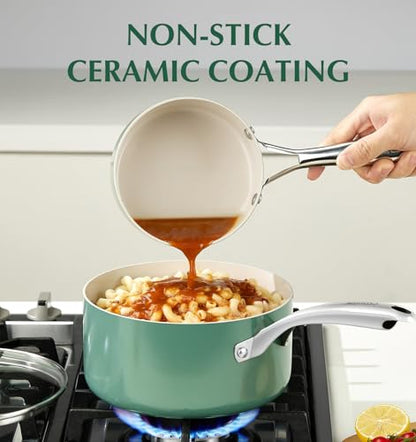 KOCH SYSTEME CS Nonstick Sauce Pan with Lid 1QT, 2QT & 3QT, Ceramic Saucepan Set 6Pcs, Non-Toxic Saucepan Set, Cooking Pots Set, Oven Safe & Induction Compatible, Green