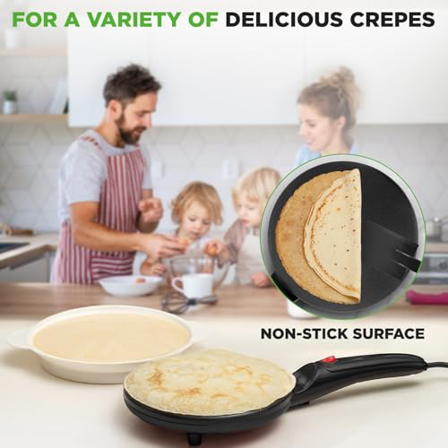 Nutrichef Electric Crepe Maker | 8-inch Nonstick Cooktop with On/Off Switch | Cooks Roti, Tortillas & Pancakes | Automatic Temperature Control & Cool Touch Handle | Includes Food Bowl, Whisk & Spatula