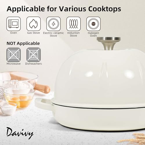 Davivy 5QT Dutch Oven for Sourdough Bread, Enamel Cast Iron Bread Pan, Round Sourdough Pan Bread Dutch Oven Bread Cloche with Slicone Oven Mitts - White