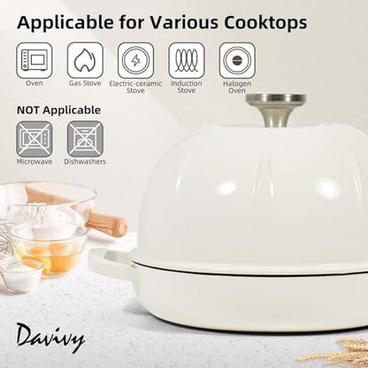 Davivy 5QT Dutch Oven for Sourdough Bread, Enamel Cast Iron Bread Pan, Round Sourdough Pan Bread Dutch Oven Bread Cloche with Slicone Oven Mitts - White