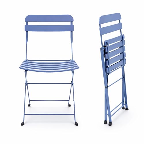 Alpine Corporation VTFAM168A-BL 3-Piece Blue Metal Folding Bistro Set – 20" Round Patio Table with 2 Folding Chairs – Portable Indoor/Outdoor Balcony & Garden Furniture Set