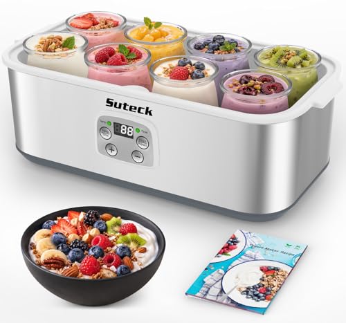 Suteck Yogurt Maker with 8 Glass Jars – Time & Temp Adjustable, Homemade Greek & Probiotic Yogurt, Automatic Shut-Off, BPA-Free, Total 48 oz, White