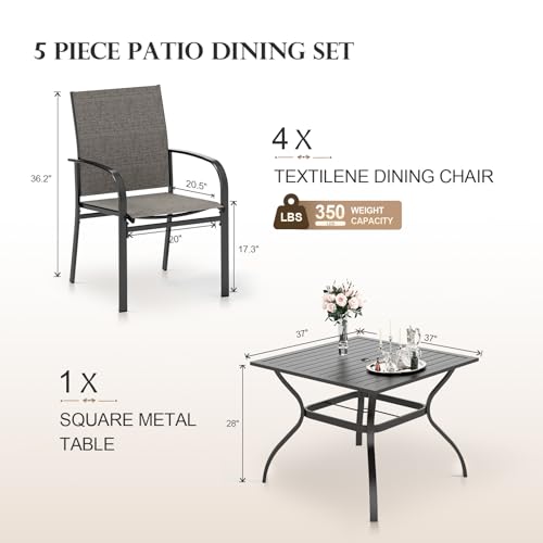 HERA'S HOUSE 5-Piece Patio Table and Chairs, Outdoor Dining Set for 4, Square Metal Table and Textilene Chairs with Umbrella Hole for Lawn Garden Backyard Deck, Brown