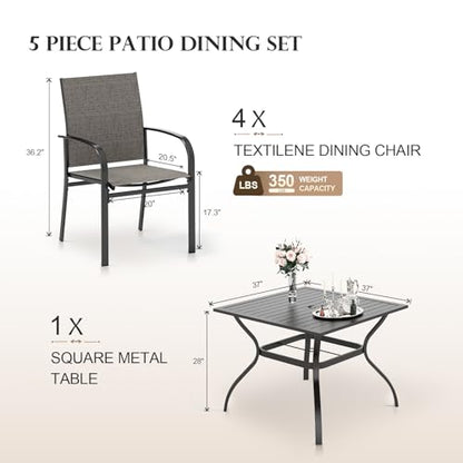 HERA'S HOUSE 5-Piece Patio Table and Chairs, Outdoor Dining Set for 4, Square Metal Table and Textilene Chairs with Umbrella Hole for Lawn Garden Backyard Deck, Brown