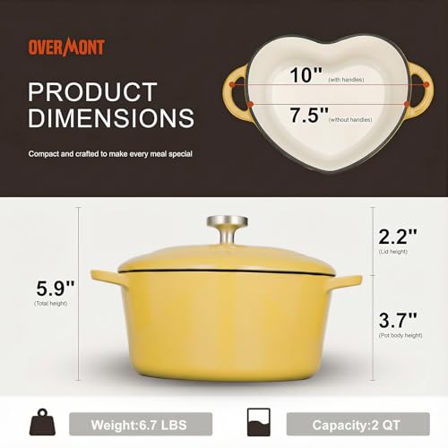 Overmont Enameled Cast Iron Dutch Oven - Heart-Shaped Pot with Lid Cookbook & Cotton Pot Holders - Mini Cookware Oven Safe to 500°F for Sourdough Baking Soups Stews - Great Gift for Wedding Birthday Housewarming 2QT Yellow