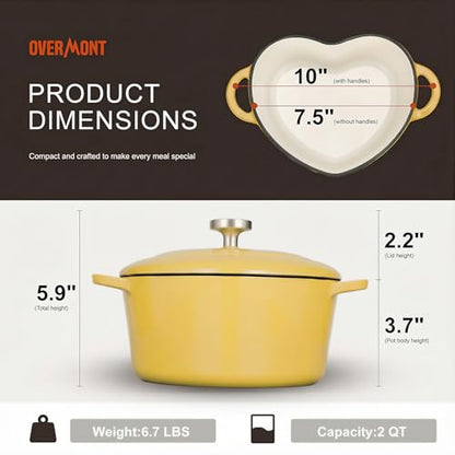 Overmont Enameled Cast Iron Dutch Oven - Heart-Shaped Pot with Lid Cookbook & Cotton Pot Holders - Mini Cookware Oven Safe to 500°F for Sourdough Baking Soups Stews - Great Gift for Wedding Birthday Housewarming 2QT Yellow