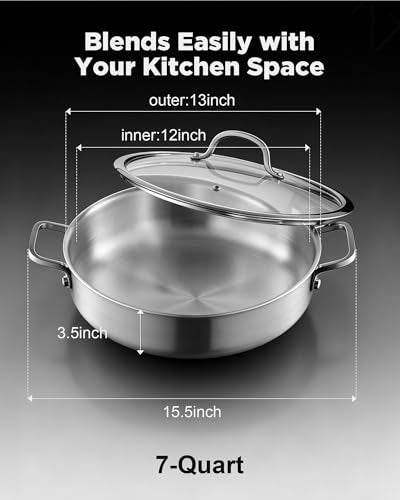 Saute Pan with Lid, 12 Inch 7QT Tri-Ply Stainless Steel Braiser Pan, Deep Frying Pan & Chef Skillet, Induction Compatible Cookware, Dishwasher & Oven Safe, Works on Gas and Ceramic Cooktops