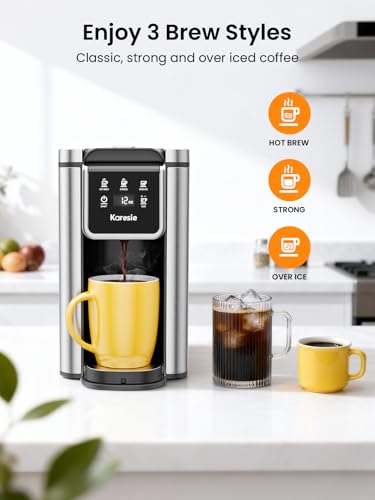 Karosie Hot & Iced Single Serve Coffee Maker for K Pod and Grounds, 6-14 Oz Brew Sizes, 50oz Removable Tank, Single Cup Coffee Maker with Descaling Reminder, Stainless Steel, Black