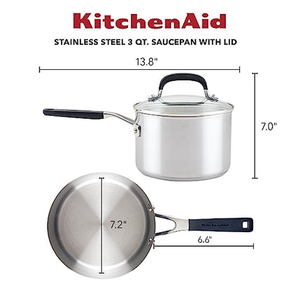 KitchenAid Stainless Steel Induction Saucepan with Lid, 3 Quart - Brushed Stainless Steel