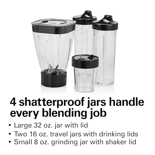 Hamilton Beach MultiBlend Smoothie Blender with 4 Shatterproof BPA Free Jars and Lids; Large 32oz Jar, 8oz Grinder for Nuts & Spices, and 2 Portable Travel Cups, 650 Watts, Black and Stainless (52400)