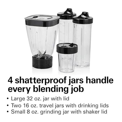 Hamilton Beach MultiBlend Smoothie Blender with 4 Shatterproof BPA Free Jars and Lids; Large 32oz Jar, 8oz Grinder for Nuts & Spices, and 2 Portable Travel Cups, 650 Watts, Black and Stainless (52400)