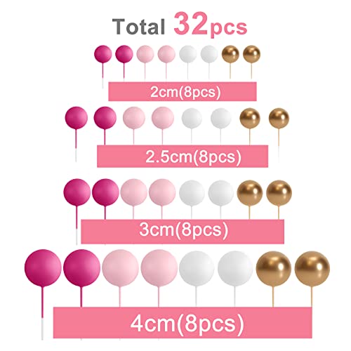 ASTARON 32 Pcs Ball Cake Topper Decorations Mini Balloons Cake Topper Sticks Foam Balls Cake Picks Cake Topper Balls Cake Decorations for Wedding Party Birthday Cake Decorating (Pink Gold)