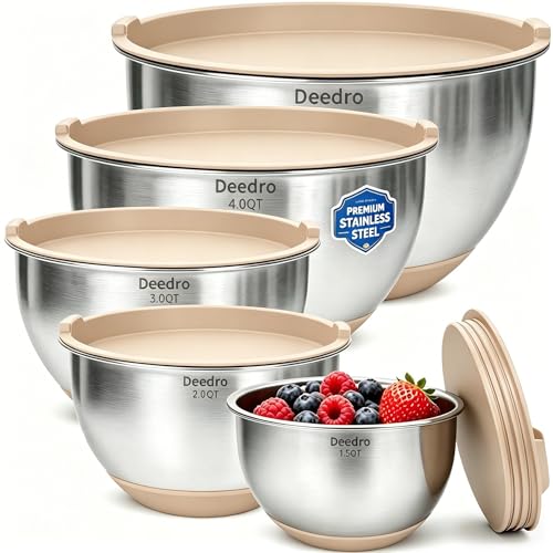 Deedro Premium Mixing Bowls with Airtight Lids Set, 22Pcs Thicker Stainless Steel Mixing Bowl Set, Large Prep Metal Bowls, Non-Slip Silicone Base Nesting Bowls for Kitchen, 1.5/2/3/4/5 QT, Khaki