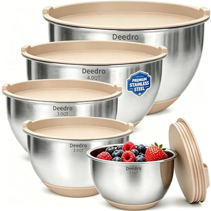Deedro Premium Mixing Bowls with Airtight Lids Set, 22Pcs Thicker Stainless Steel Mixing Bowl Set, Large Prep Metal Bowls, Non-Slip Silicone Base Nesting Bowls for Kitchen, 1.5/2/3/4/5 QT, Khaki