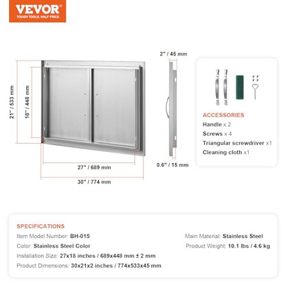 VEVOR BBQ Access Door, 30.5W x 21H Inch Double Outdoor Kitchen, Stainless Steel Flush Mount, Wall Vertical With Handles, for BBQ Island, Grilling Station, Outside Cabinet