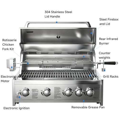 BODEGA Gas Grill Built-In Head, 30-Inch 5-Burner Propane Grill, LP Gas & Natural Gas Convertible, Heavy Duty 304 Stainless Steel 58000-BTUs BBQ Island Kitchen Gas Grill Outdoor Cooking.